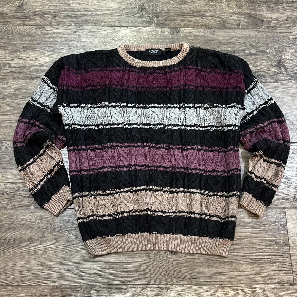 Vintage 80s Fenzia Cable Knit Sweater Coogi Style Textured Pullover Men's Large